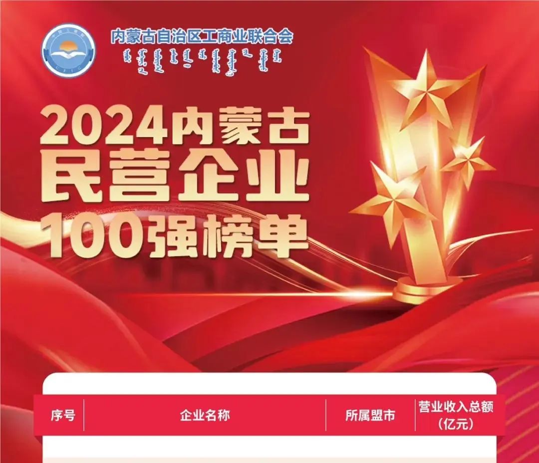 大中礦業(yè)股份有限公司榮獲2024內(nèi)蒙古民營(yíng)企業(yè)100強(qiáng)，位列七十五名